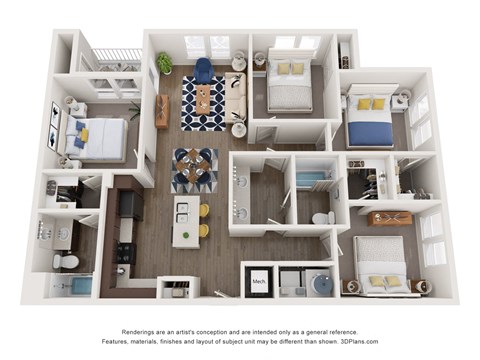Floor plan for 4 beds, 2 baths, 1324 sqft